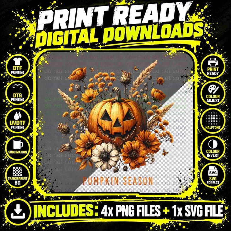 Pumpkin Season Floral Jack O Lantern, Minimalist Png SVG Digital Bundle