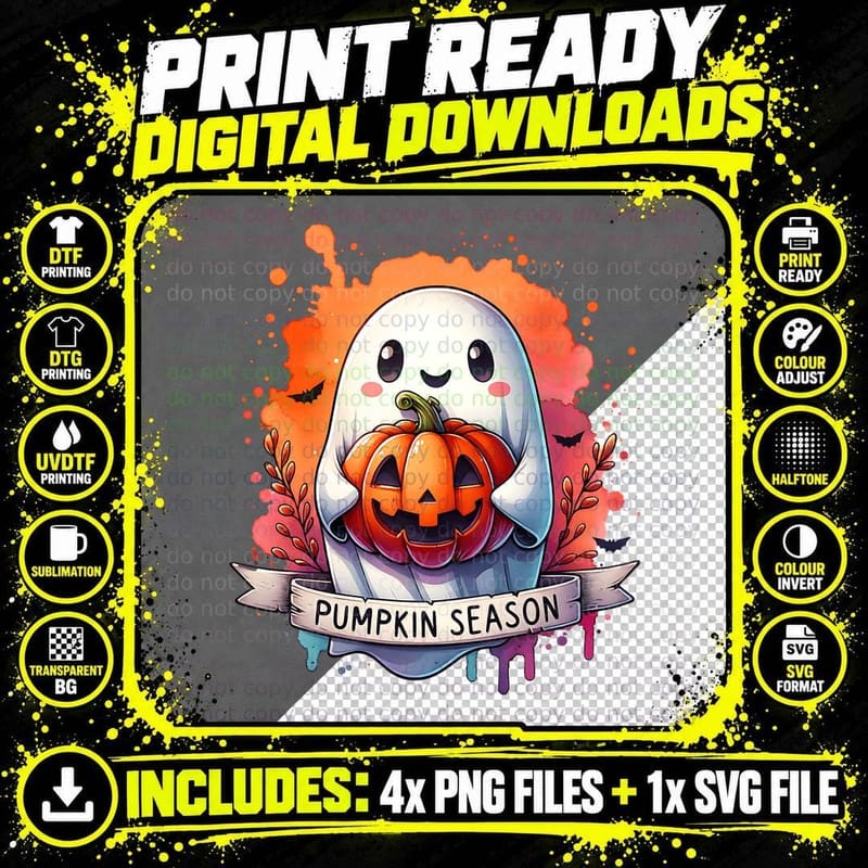 Pumpkin Season Ghost Watercolor, Minimalist Png SVG Digital Bundle