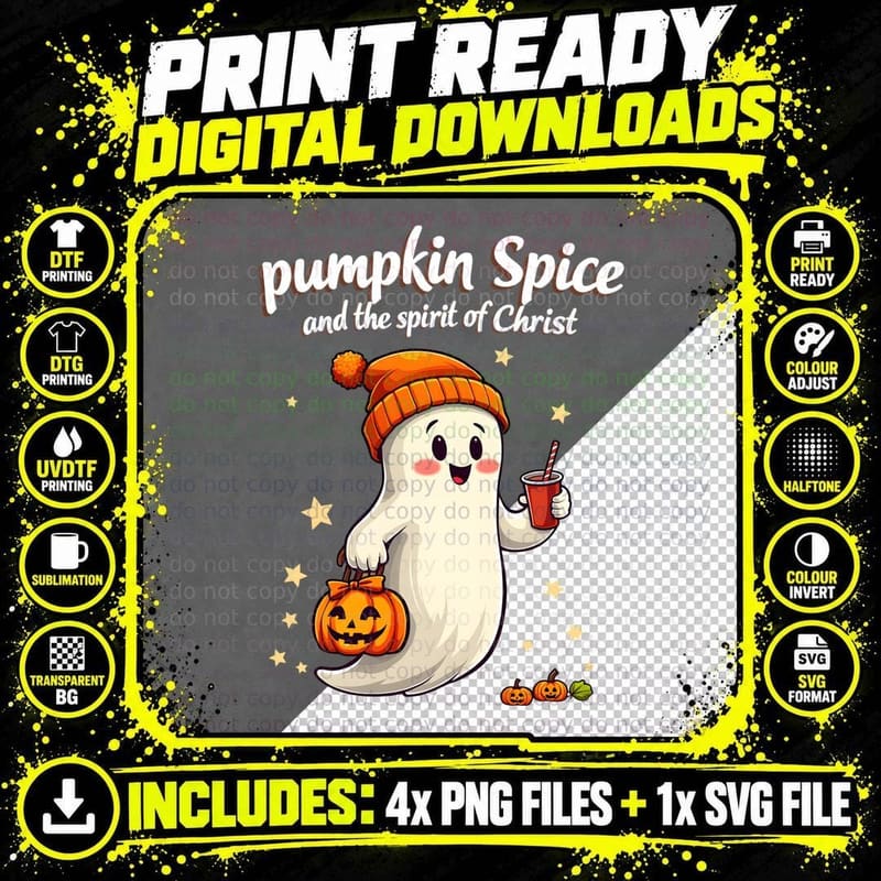 Pumpkin Spice Ghost Spirit of Christ Simple Religious Png SVG Digital Bundle