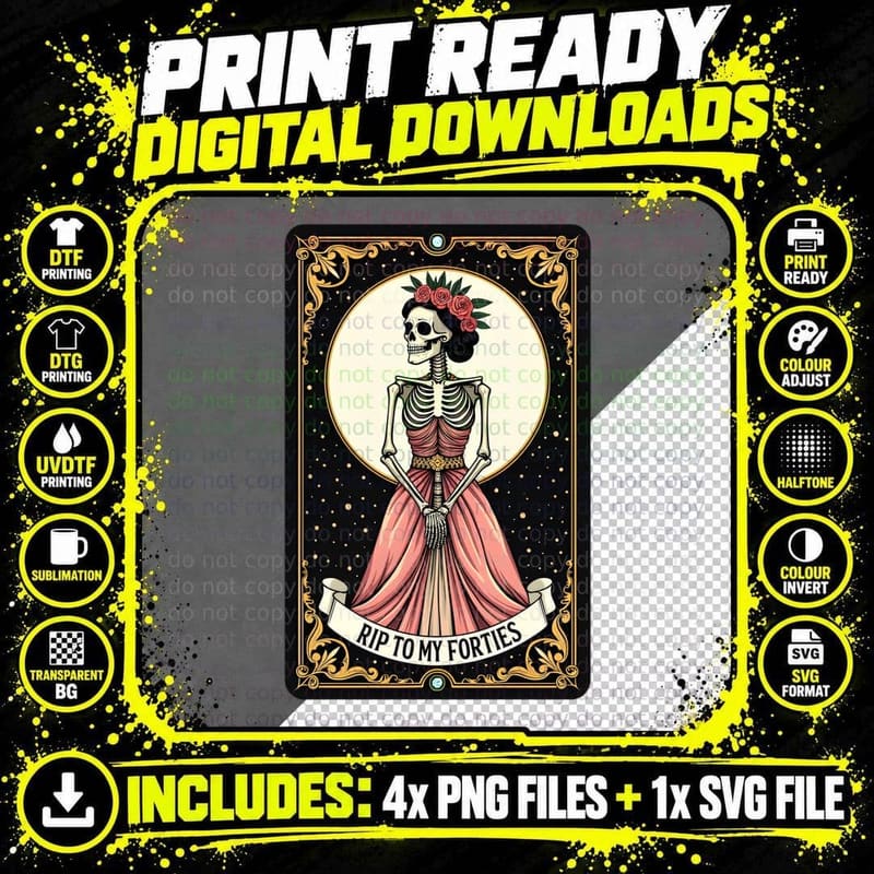 RIP to My Forties Ornate Tarot Card Skeleton Woman Png SVG Digital Bundle