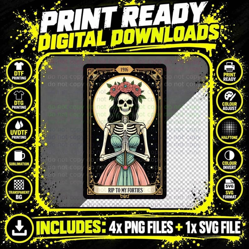 RIP to My Forties Tarot Card Skeleton Pastel Ornate Gold Png SVG Digital Bundle