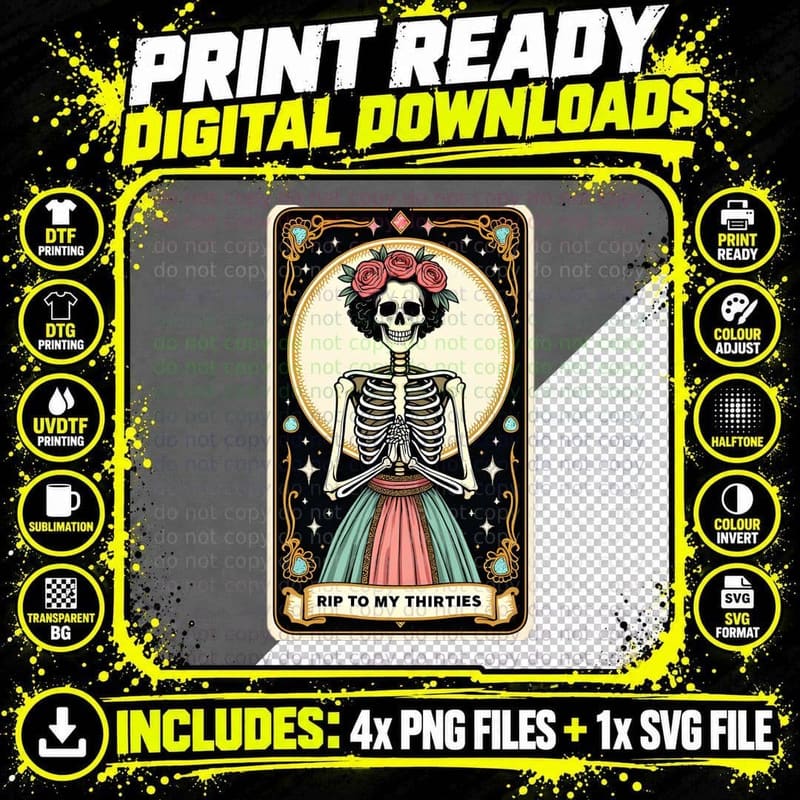 RIP to My Thirties Ornate Tarot Card Skeleton Woman Png SVG Digital Bundle