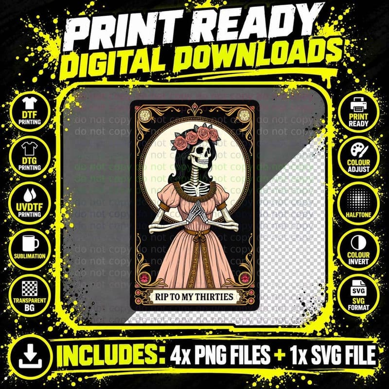 RIP to My Thirties Tarot Card Skeleton Pastel Ornate Png SVG Digital Bundle