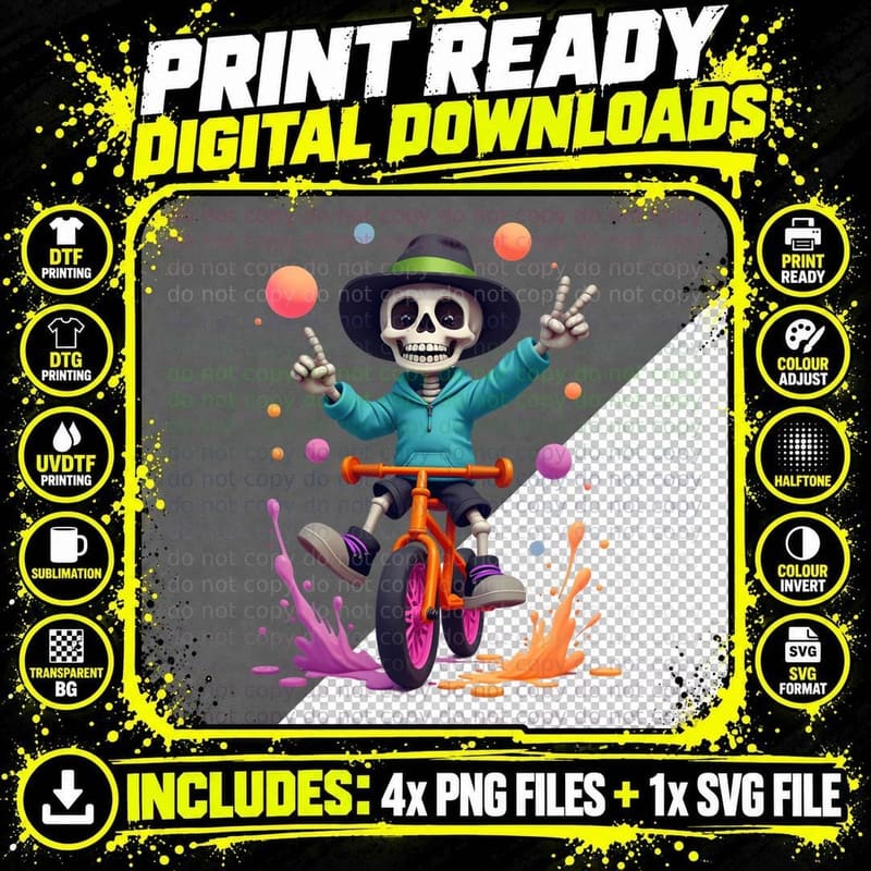 Rad Skeleton Riding Bike Funny Peace Cool Kid Sign Png SVG Digital Bundle