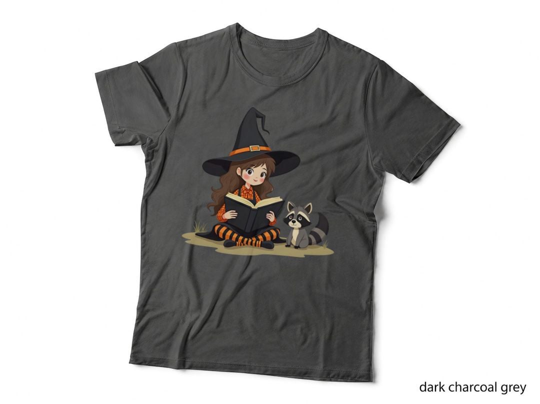 Reading Witch & Raccoon with Black Book Halloween T-Shirt