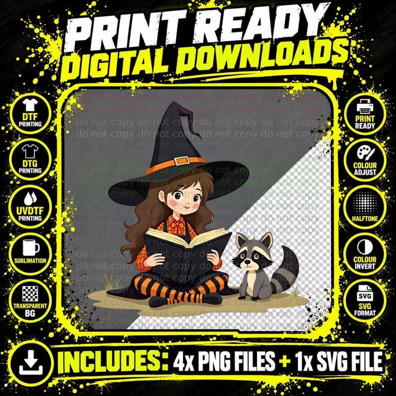Reading Witch & Raccoon with Black Book Halloween T-Shirt Png SVG Digital Bundle