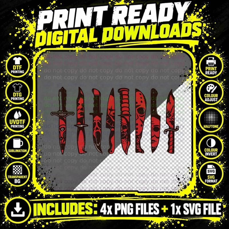 Red & Black Dagger Knife Set Tribal Horror Goth Png SVG Digital Bundle