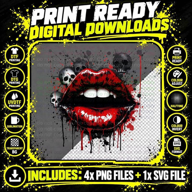Red Lips Dripping Blood Gothic Horror Skull Art Dark Png SVG Digital Bundle