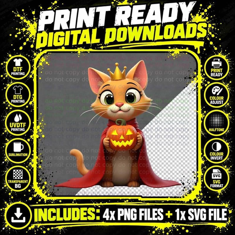 Regal Halloween Cat, Pumpkin King, Cute Kitty Png SVG Digital Bundle