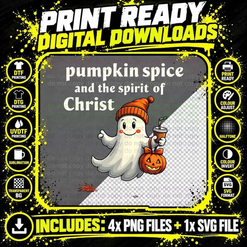 Religious Ghost Spirit of Christ Pumpkin Spice Simple Png SVG Digital Bundle