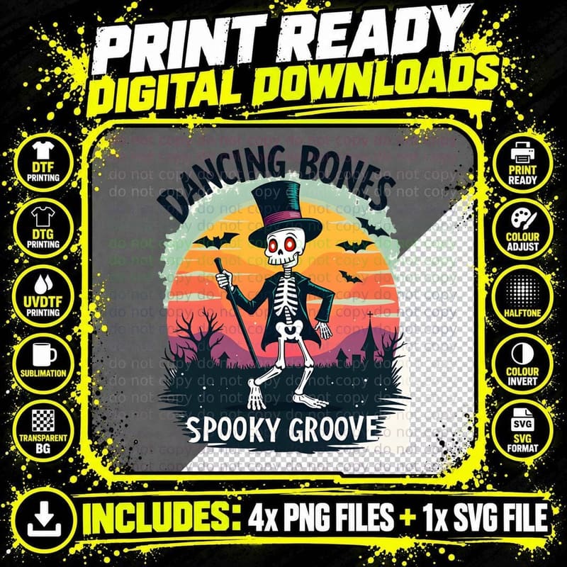 Retro Skeleton Shirt, Spooky Party Gift for Halloween Png SVG Digital Bundle