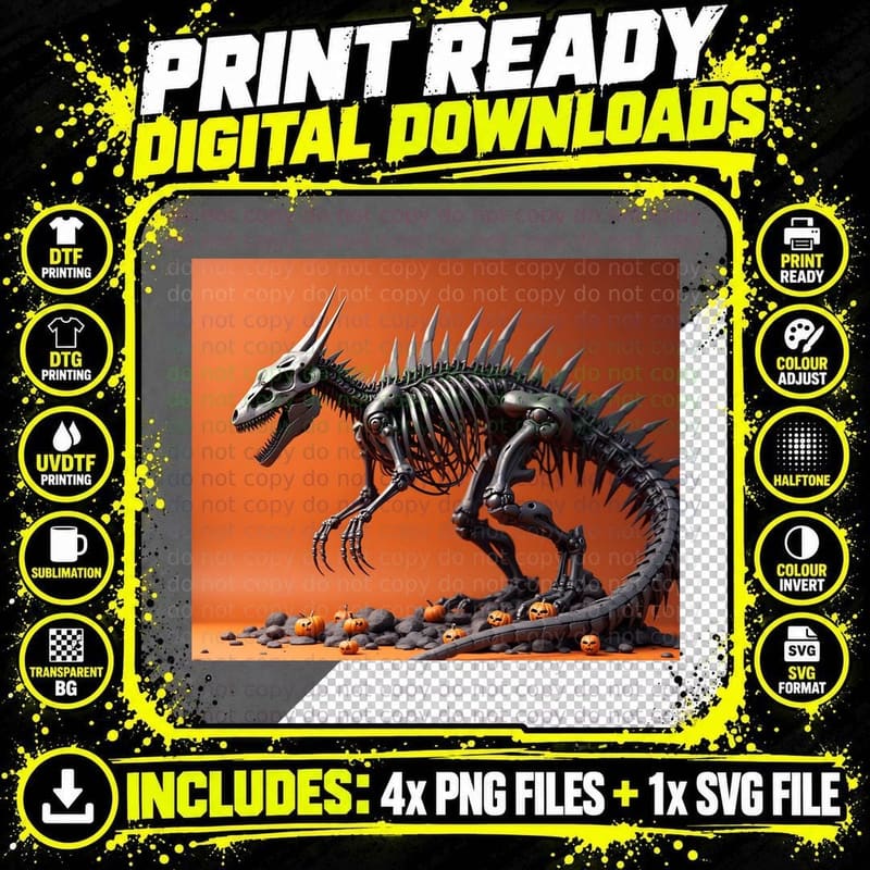 Robotic Dinosaur Halloween Skeleton Jack-O-Lantern Png SVG Digital Bundle