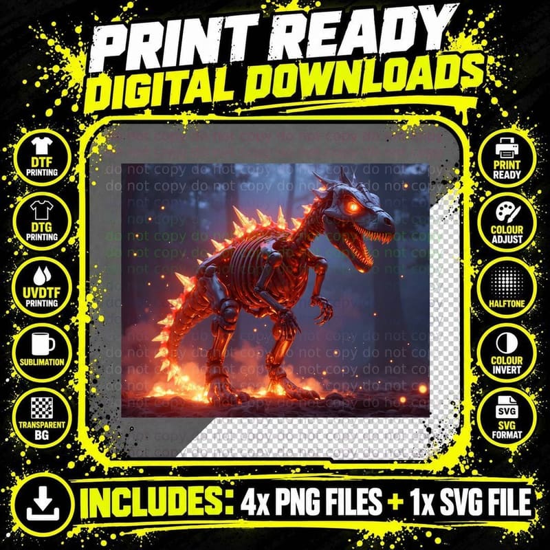 Robotic Dinosaur Skeleton Glowing Red Halloween Spooky Png SVG Digital Bundle