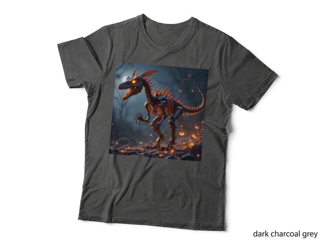 Robotic Dinosaur Skeleton Halloween Pumpkin Spooky Art T-Shirt