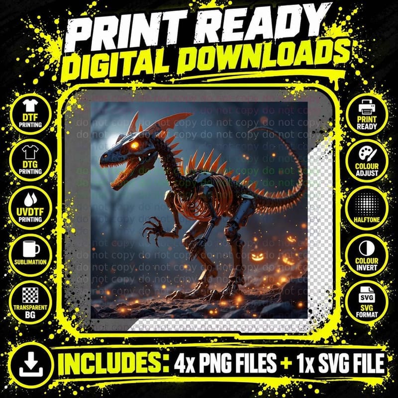 Robotic Dinosaur Skeleton Halloween Pumpkin Spooky Art Png SVG Digital Bundle