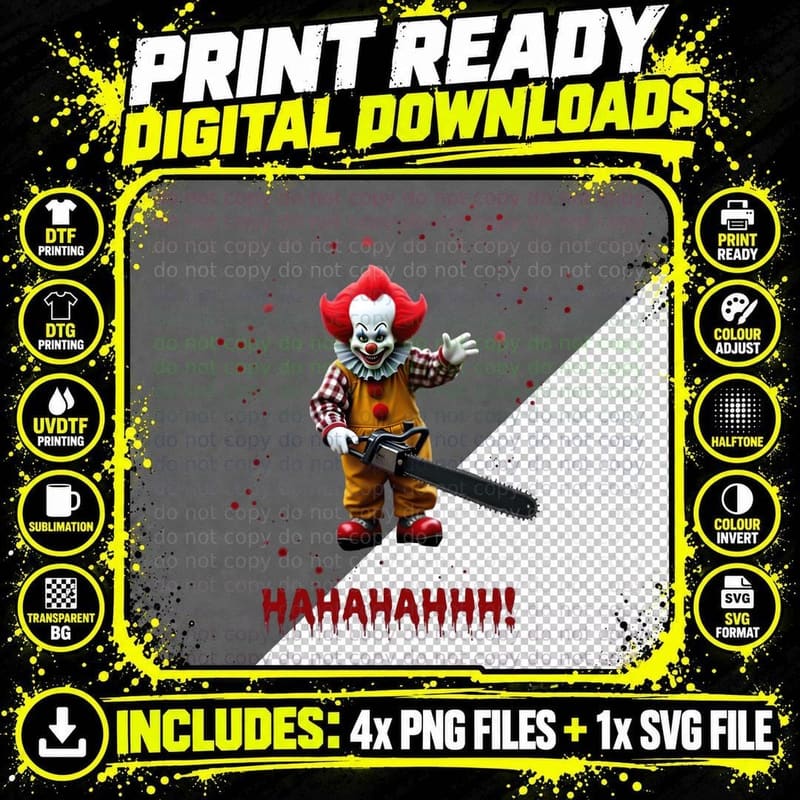 Scary Clown Horror, Creepy Killer Circus Clown Png SVG Digital Bundle