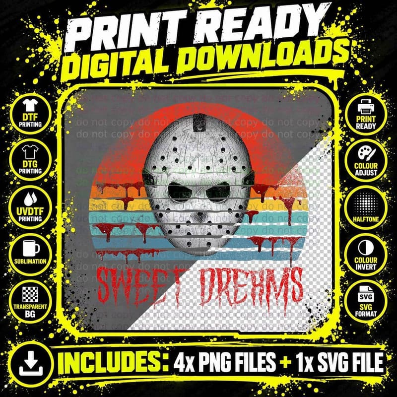 Scary Horror Movie Sweet Dreams Hockey Mask Blood Stain Png SVG Digital Bundle