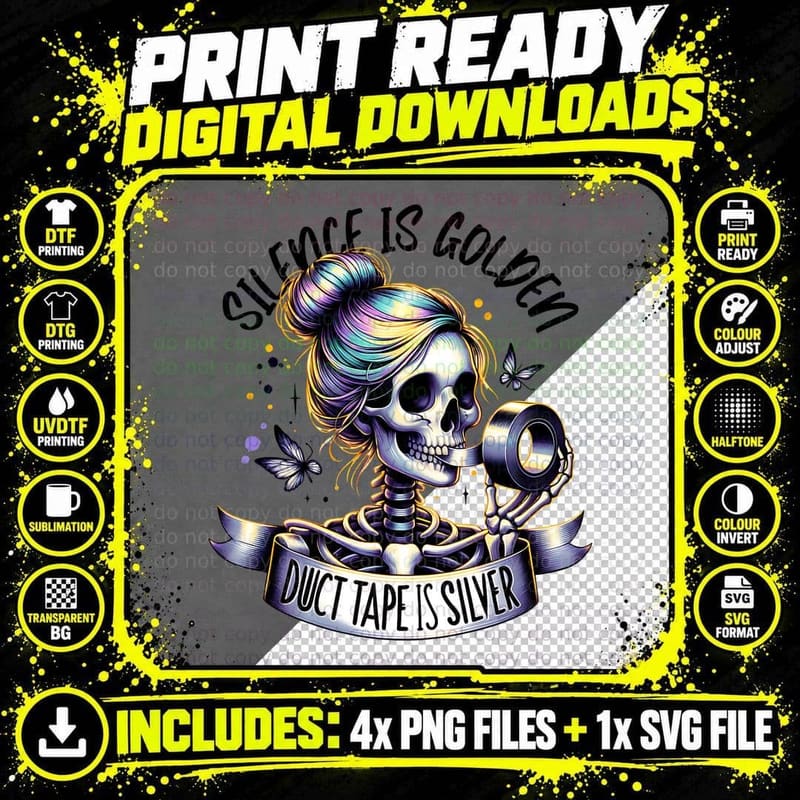 Silence Is Golden Skeleton, Gothic Aesthetic Png SVG Digital Bundle