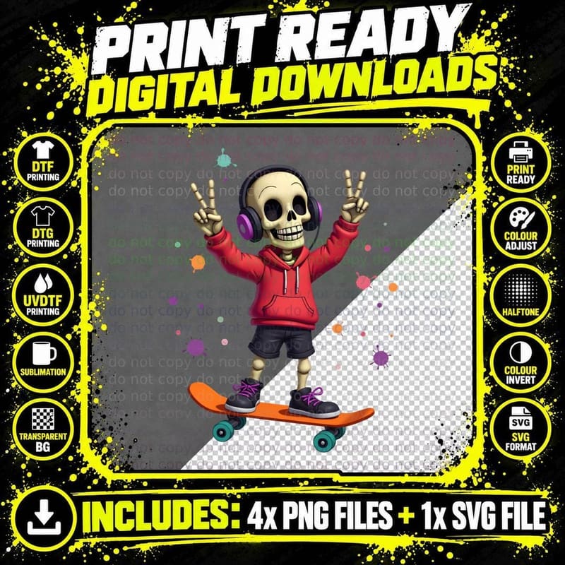 Skateboardig Skeleton, Y2k Grunge Aesthetic Skater Boy Png SVG Digital Bundle
