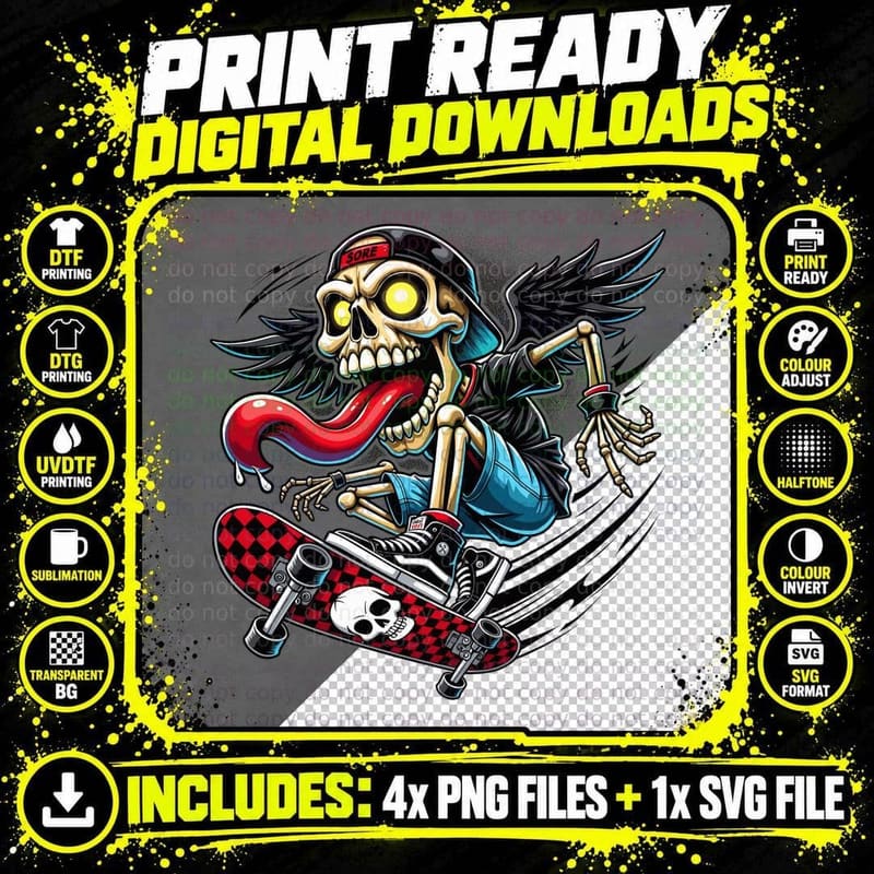 Skater Skeleton Tongue Out Punk Rock Streetwear Graphic Png SVG Digital Bundle