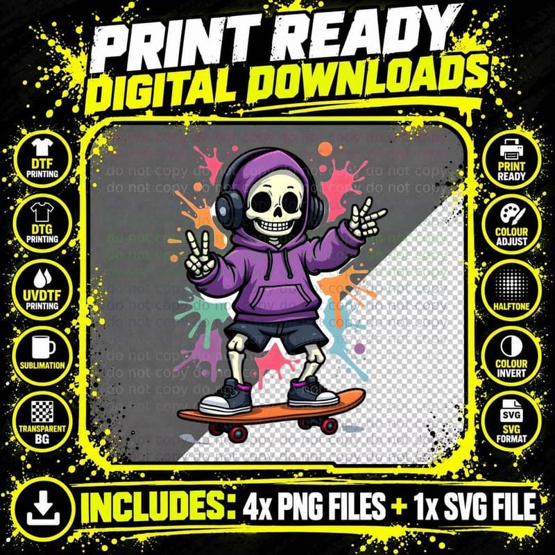 Skating Skeleton, Y2k Grunge Aesthetic Png SVG Digital Bundle