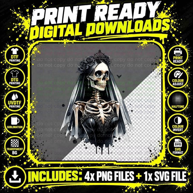 Skeleton Bride in Black Dress Halloween, Horror Png SVG Digital Bundle