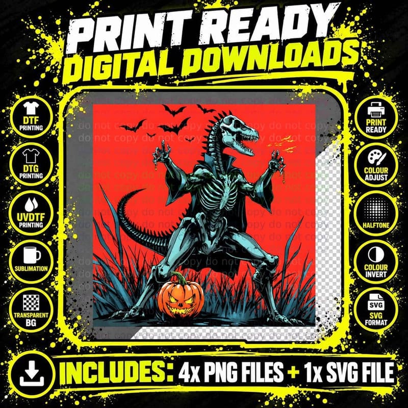 Skeleton Dinosaur Cape Pumpkin Halloween Spooky Art Png SVG Digital Bundle