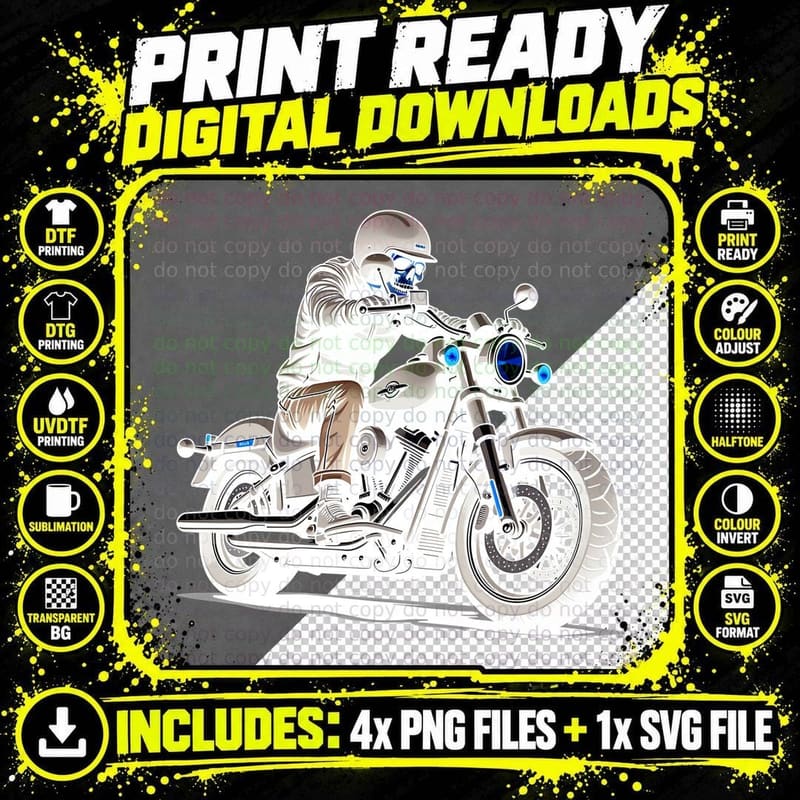 Skeleton Riding Motorcycle Biker Rider Leather Jacket Png SVG Digital Bundle
