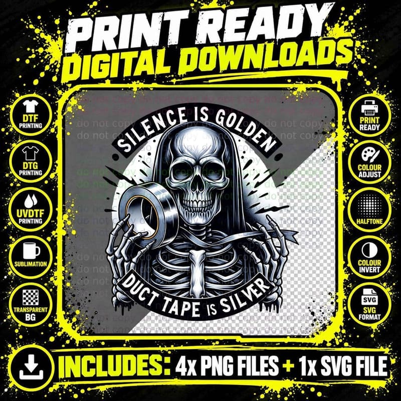 Skeleton Silence Is Golden, Funny Skull Holding Duct Png SVG Digital Bundle