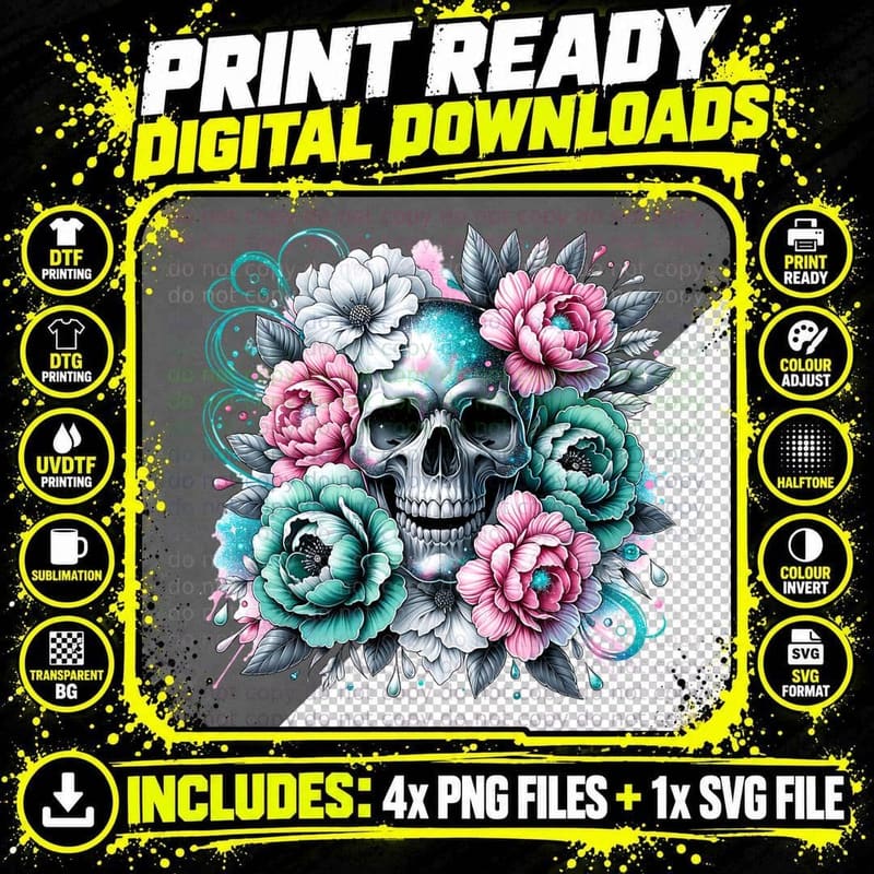 Skull Goth Floral Pastel Halloween, Minimalist Png SVG Digital Bundle