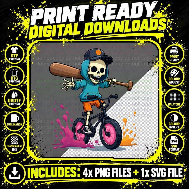 Skull Skater Biker Skeleton, Vibrant Street Art Style Png SVG Digital Bundle