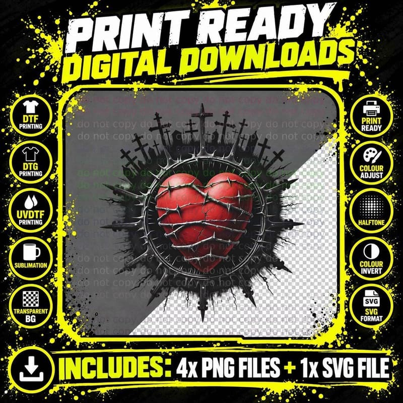Spiked Cracked Heart, Thorny Branches Png SVG Digital Bundle