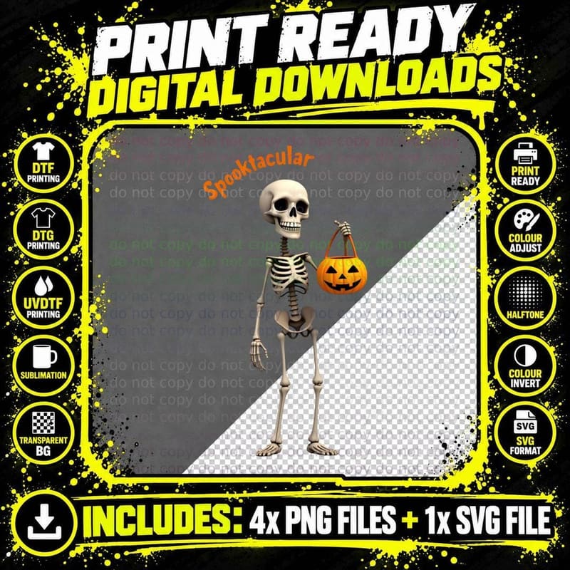 Spooktacular Skeleton Cute Halloween Jack-O-Lantern Png SVG Digital Bundle