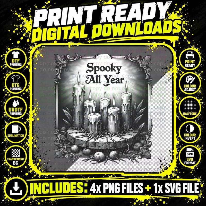 Spooky All Year Gothic Candle Pumpkin and Leaves Png SVG Digital Bundle