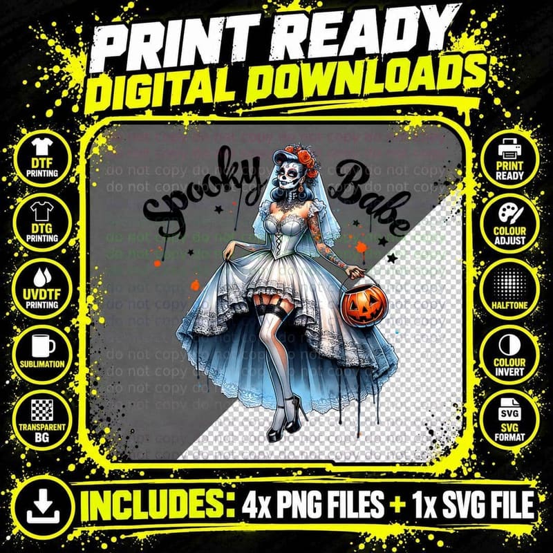 Spooky Babe Day of the Dead Bride, Halloween, Goth Png SVG Digital Bundle
