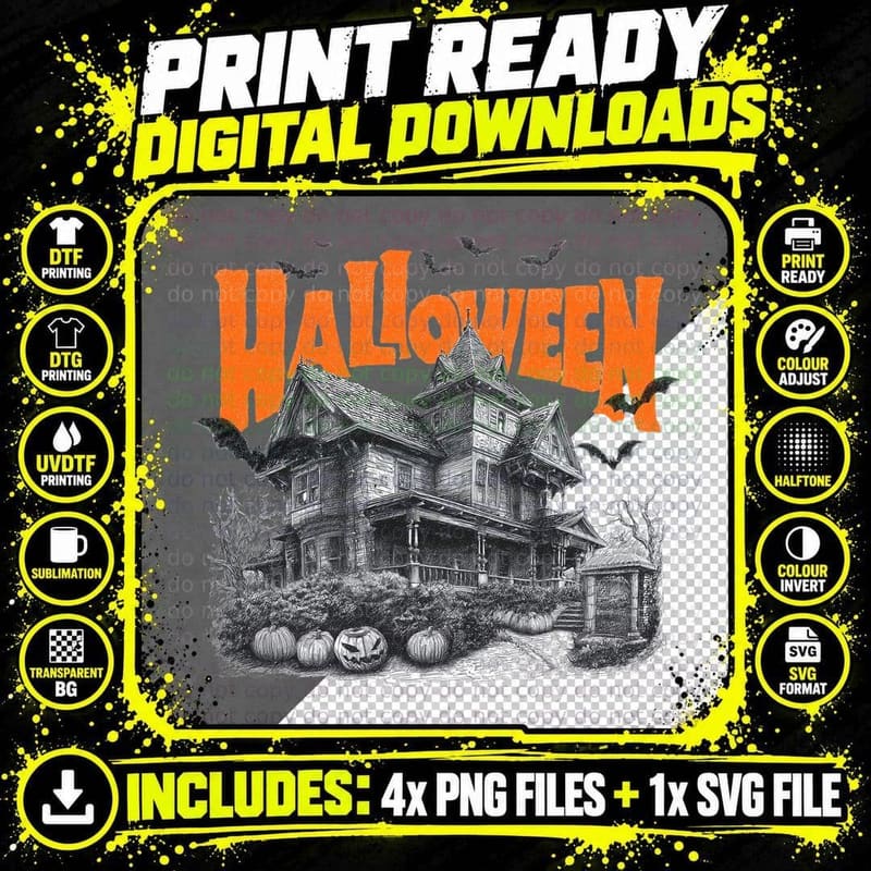 Spooky Haunted House Bats Vintage Halloween Horror Png SVG Digital Bundle
