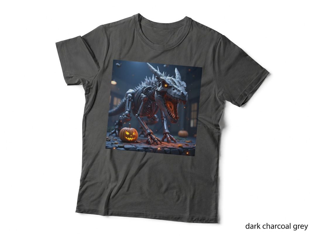 Spooky Robotic Dinosaur Skeleton Halloween Pumpkin Art T-Shirt
