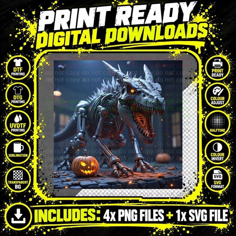 Spooky Robotic Dinosaur Skeleton Halloween Pumpkin Art Png SVG Digital Bundle