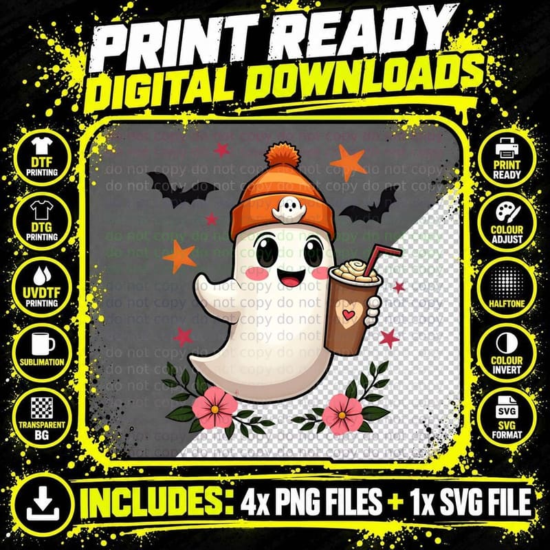 Spooky Season Ghost Bats Stars T-Shirt Png SVG Digital Bundle