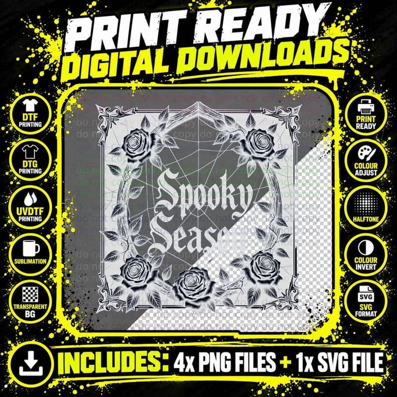 Spooky Season Gothic Rose and Spider Web Ornate Frame Png SVG Digital Bundle