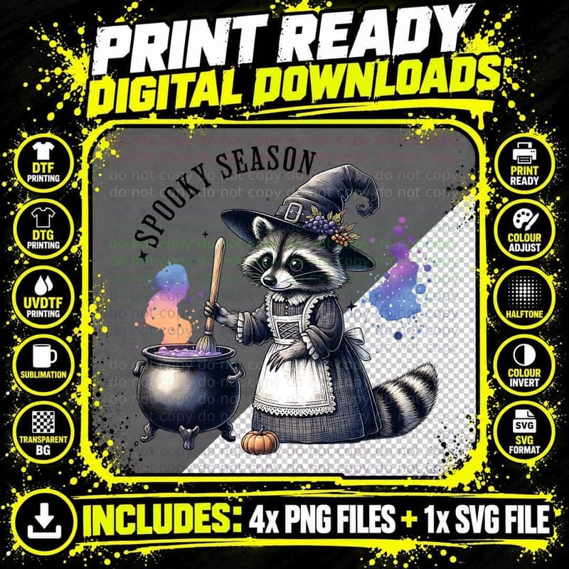Spooky Season Raccoon Watercolor, Retro Vintage Png SVG Digital Bundle