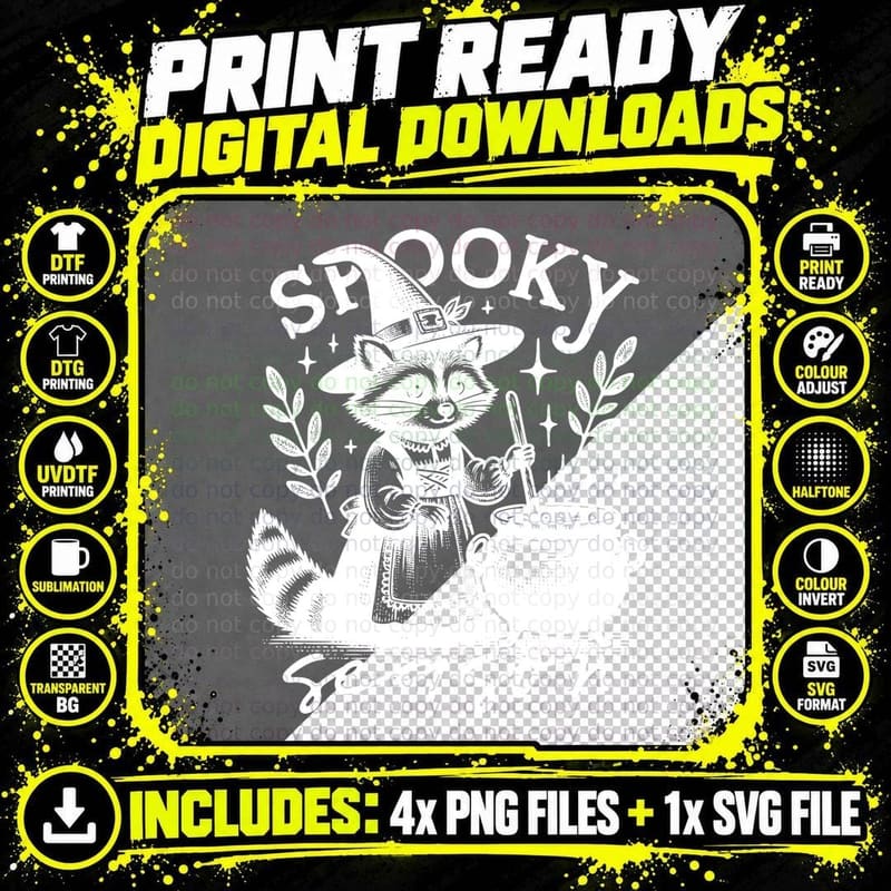 Spooky Season Raccoon Witch Black, Retro Vintage Png SVG Digital Bundle