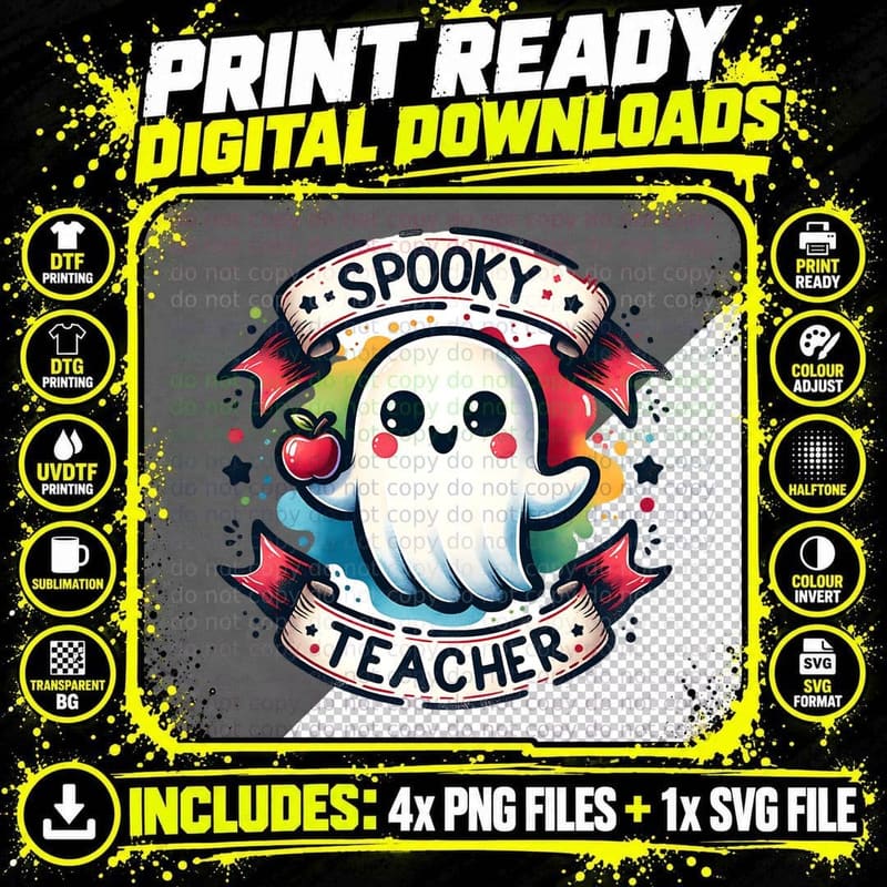 Spooky Teacher Ghost, Retro Vintage, Cozy, Gift Idea Png SVG Digital Bundle