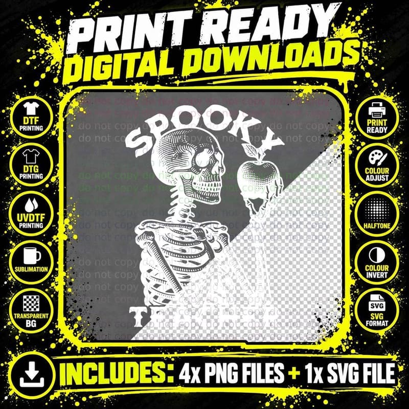Spooky Teacher Skeleton Black, Retro Vintage Png SVG Digital Bundle
