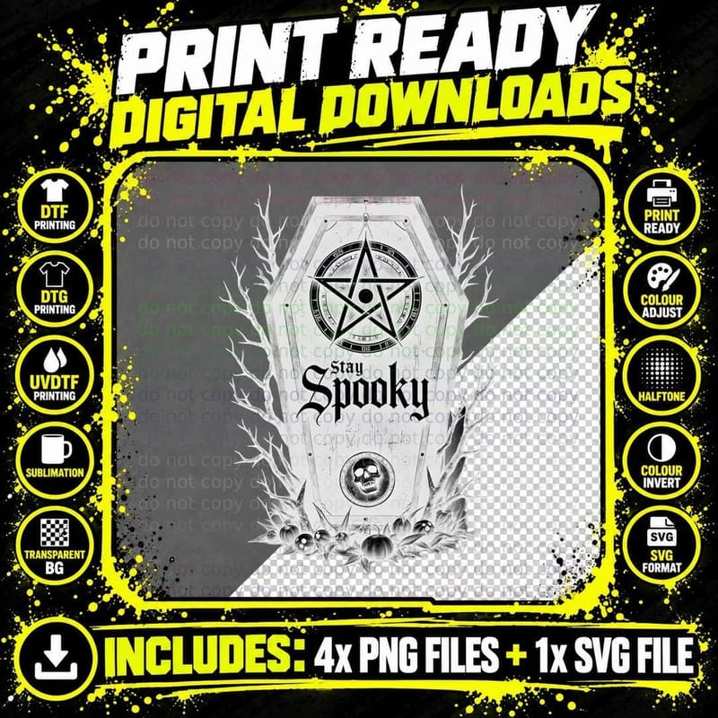 Stay Spooky Coffin, Pentagram, and Skull Gothic Png SVG Digital Bundle