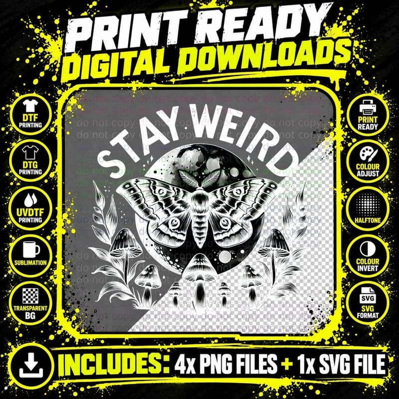 Stay Weird Moth Cryptid Spooky Black Aesthetic Grunge Png SVG Digital Bundle