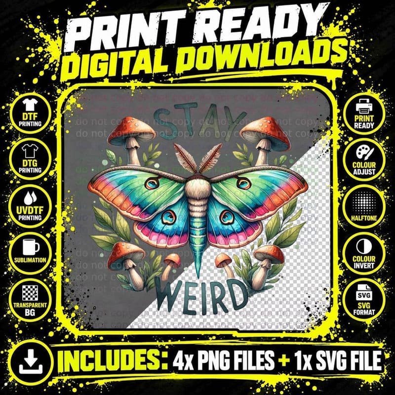 Stay Weird Moth Cryptid Spooky Colorful Aesthetic Grunge Png SVG Digital Bundle