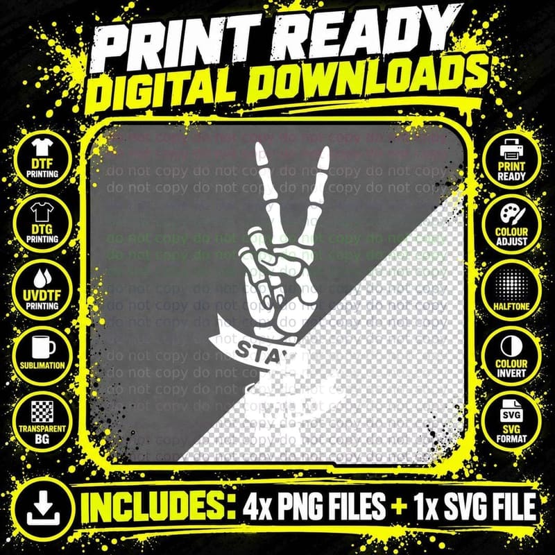 Stay Wild Skeleton Hand Peace Sign Ribbon T-Shirt Png SVG Digital Bundle
