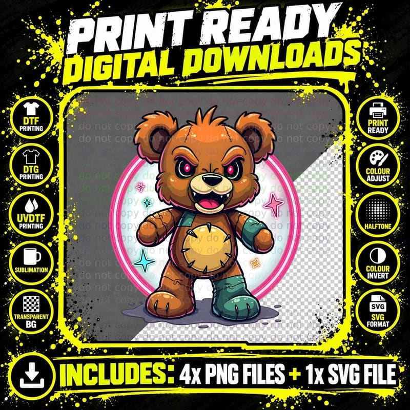 Stitched Patchwork Teddy Bear, Scary Plush Toy Png SVG Digital Bundle