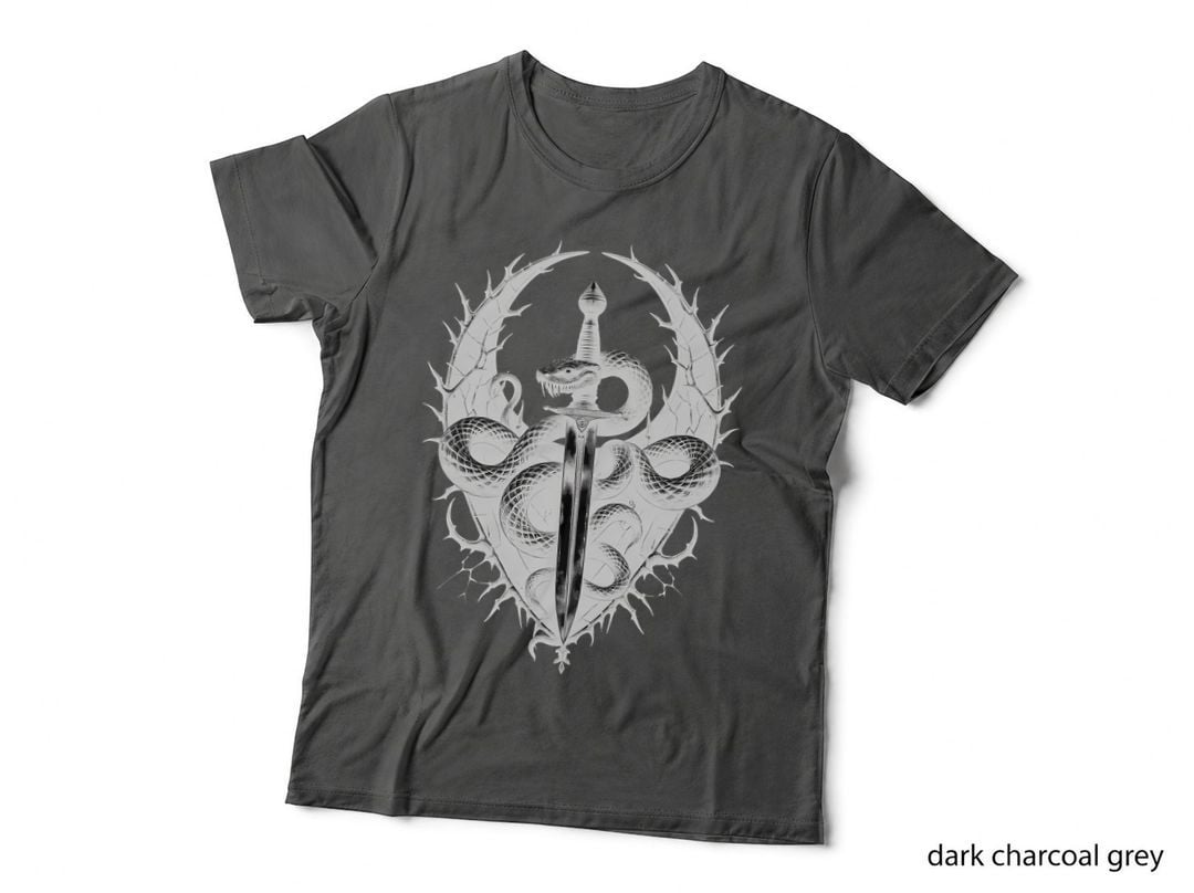 Sword and Snake Design with Spiked Halo, Gothic Fantasy, Serpent, Horror T-Shirt